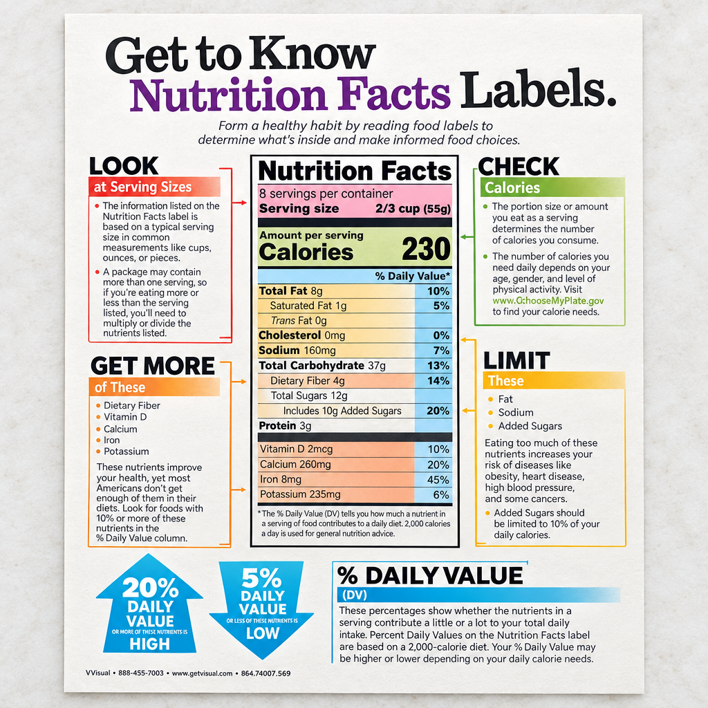 Sample-page preview of the Get to Know Nutrition Facts Labels handout, showing the Nutrition Facts panel and percent Daily Value callouts.