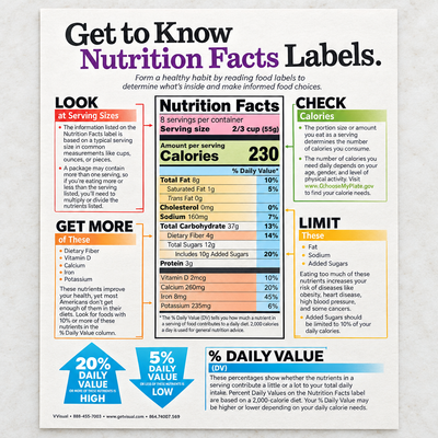 Sample-page preview of the Get to Know Nutrition Facts Labels handout, showing the Nutrition Facts panel and percent Daily Value callouts.